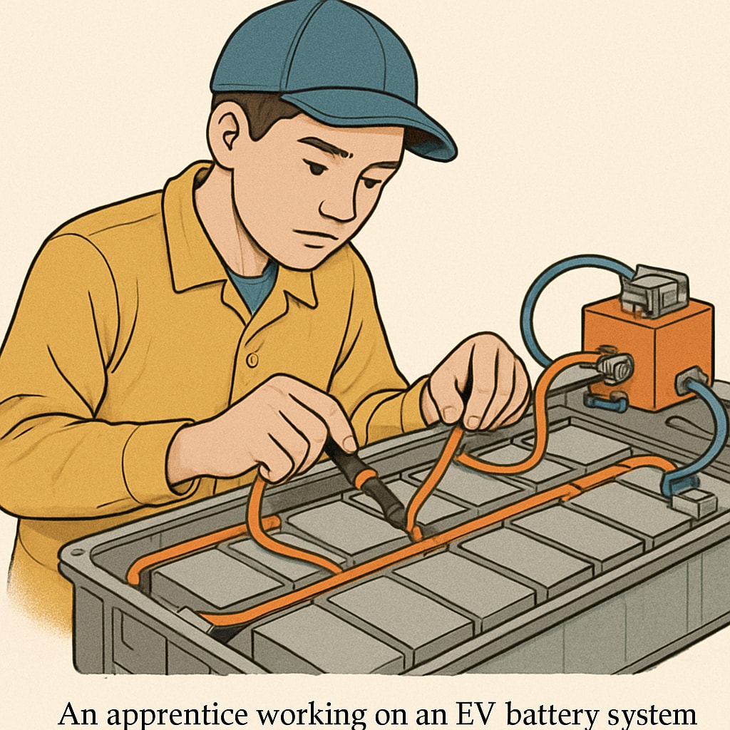 Apprentice working on EV battery system, highlighting electrical and automotive integration.