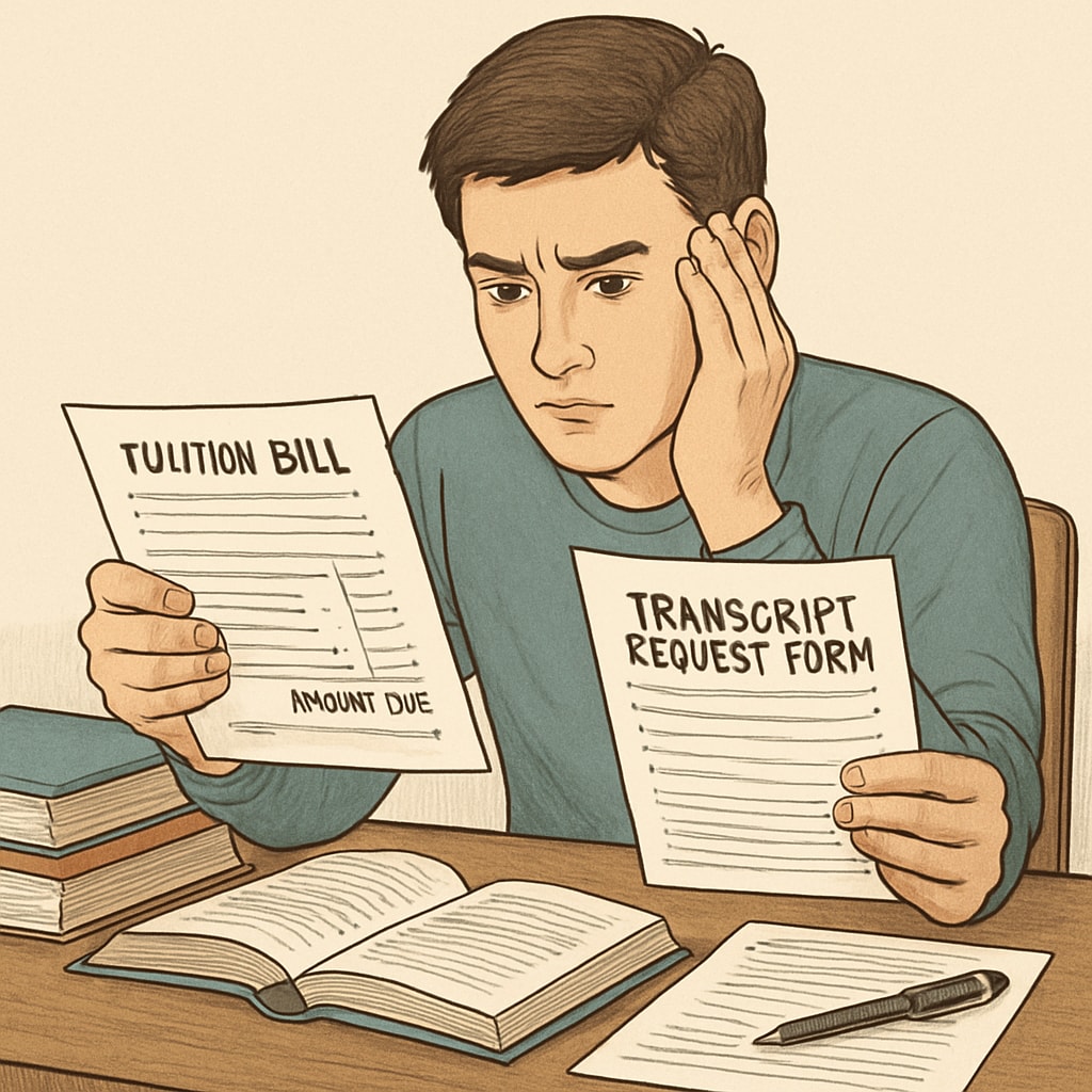 A student looking concerned while reviewing their tuition bill and transcript request form. A student analyzing tuition bills and transcript forms related to unpaid fees.