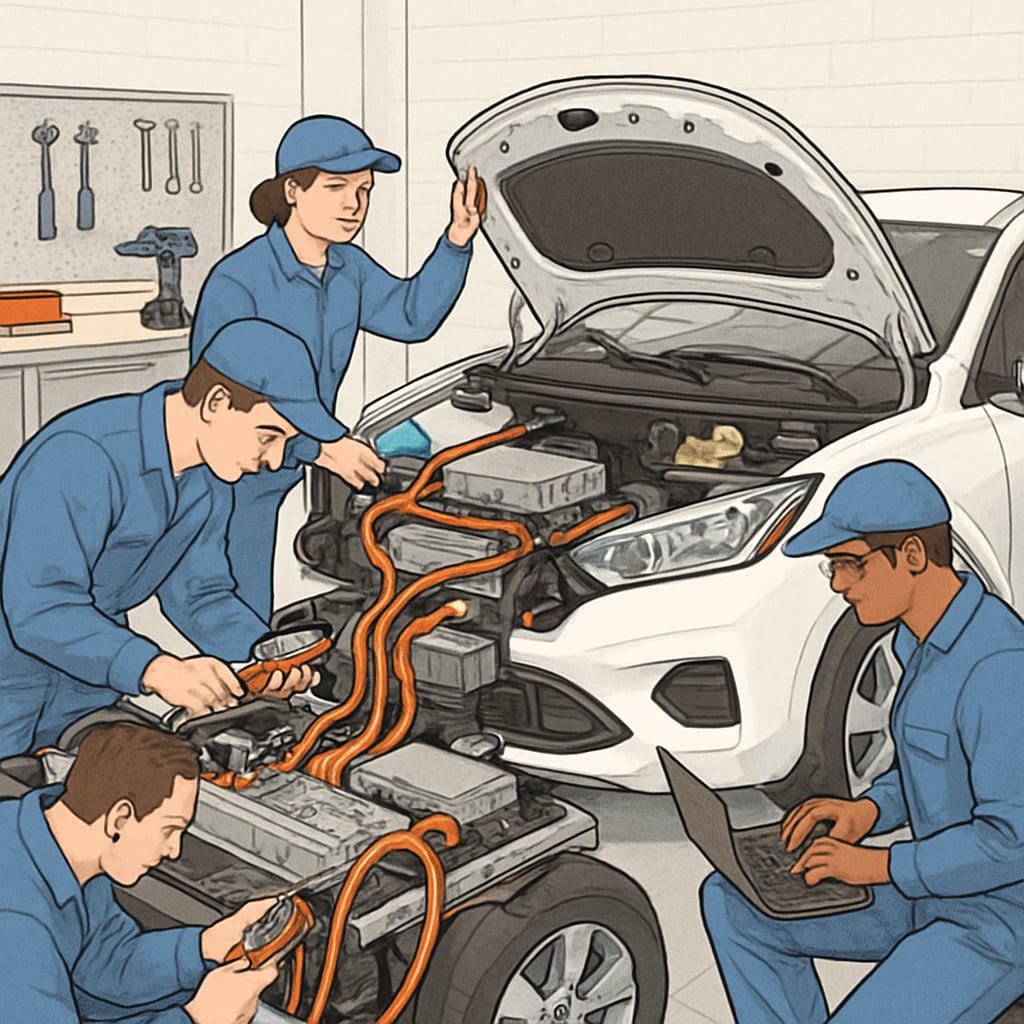Automotive technicians collaborating on electric vehicle repairs, demonstrating interdisciplinary skills.