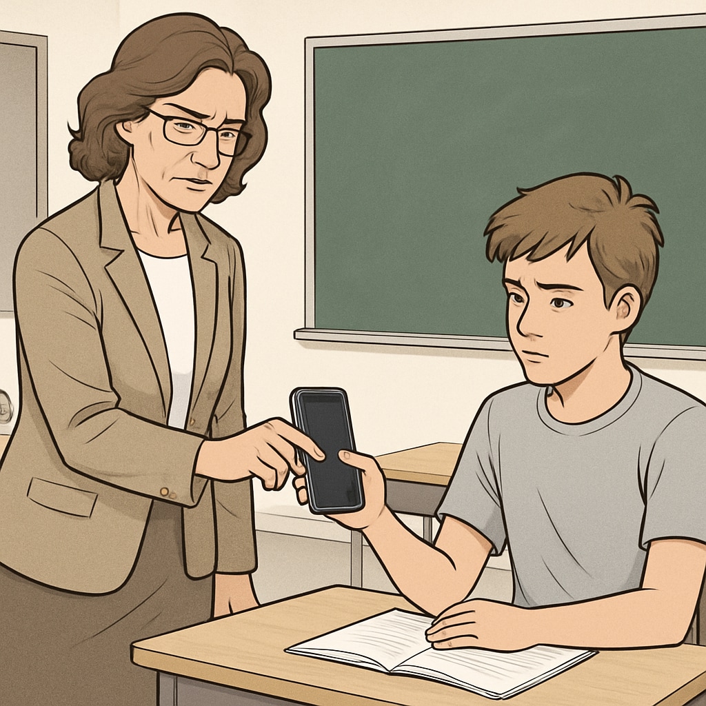 A teacher confiscating a mobile phone from a student, showing the enforcement difficulties of such bans.