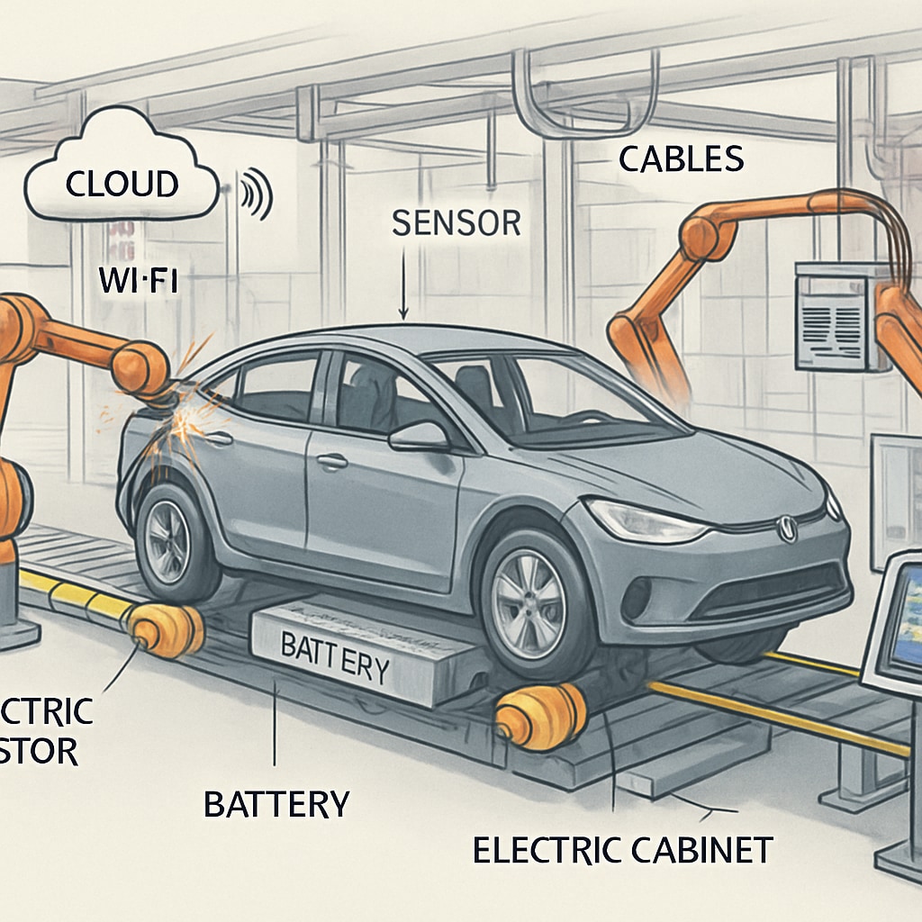 Modern EV assembly line with electrical systems and IoT integration.