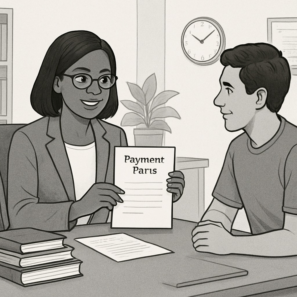 A school administrator discussing payment plans with a student in a professional setting. A school official explaining payment plans to a student with transcript access concerns.