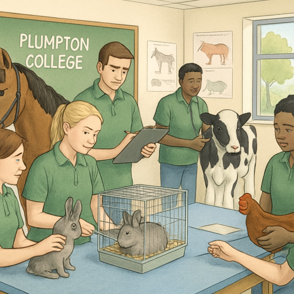 A classroom at Plumpton College with students engaging in hands-on animal care activities. Plumpton College students in a classroom working on animal care projects.
