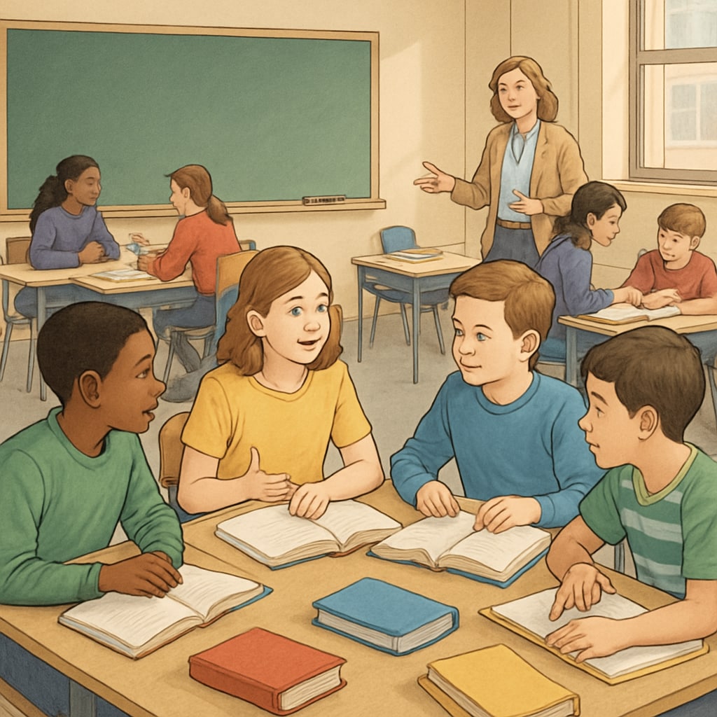 A classroom setting where students are actively engaged in group learning, illustrating collaborative learning methods. Students participating in collaborative learning activities, showcasing effective strategies in K12 education.