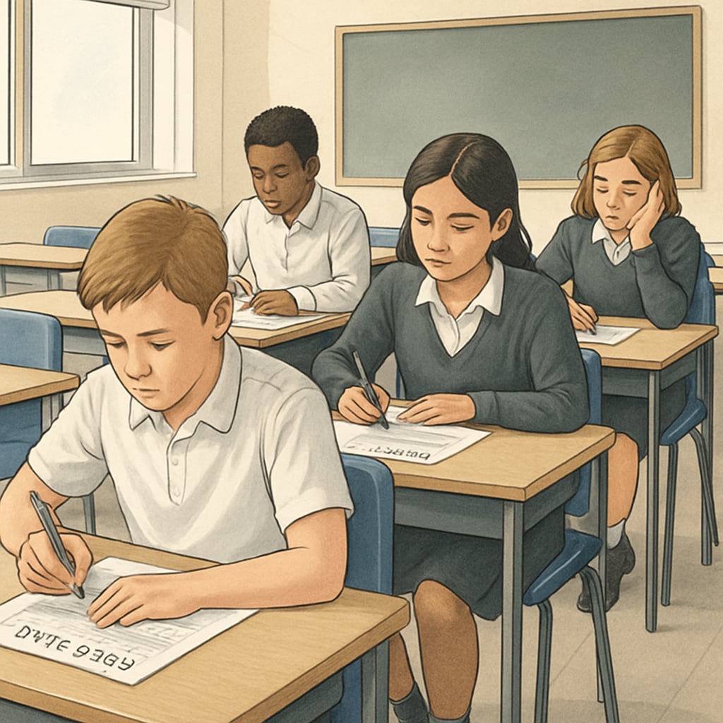 Students taking GCSE exams in a classroom, demonstrating focus and preparation. GCSE exam preparation in a classroom setting.