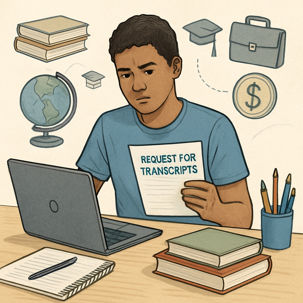 A student sitting at a desk with a laptop and a letter requesting transcripts, symbolizing educational and career aspirations amid financial challenges. Student at desk with laptop and transcript request letter, emphasizing education goals despite financial barriers.