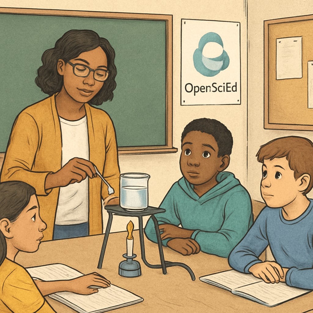 Middle school teacher demonstrating a science experiment using OpenSciEd resources.