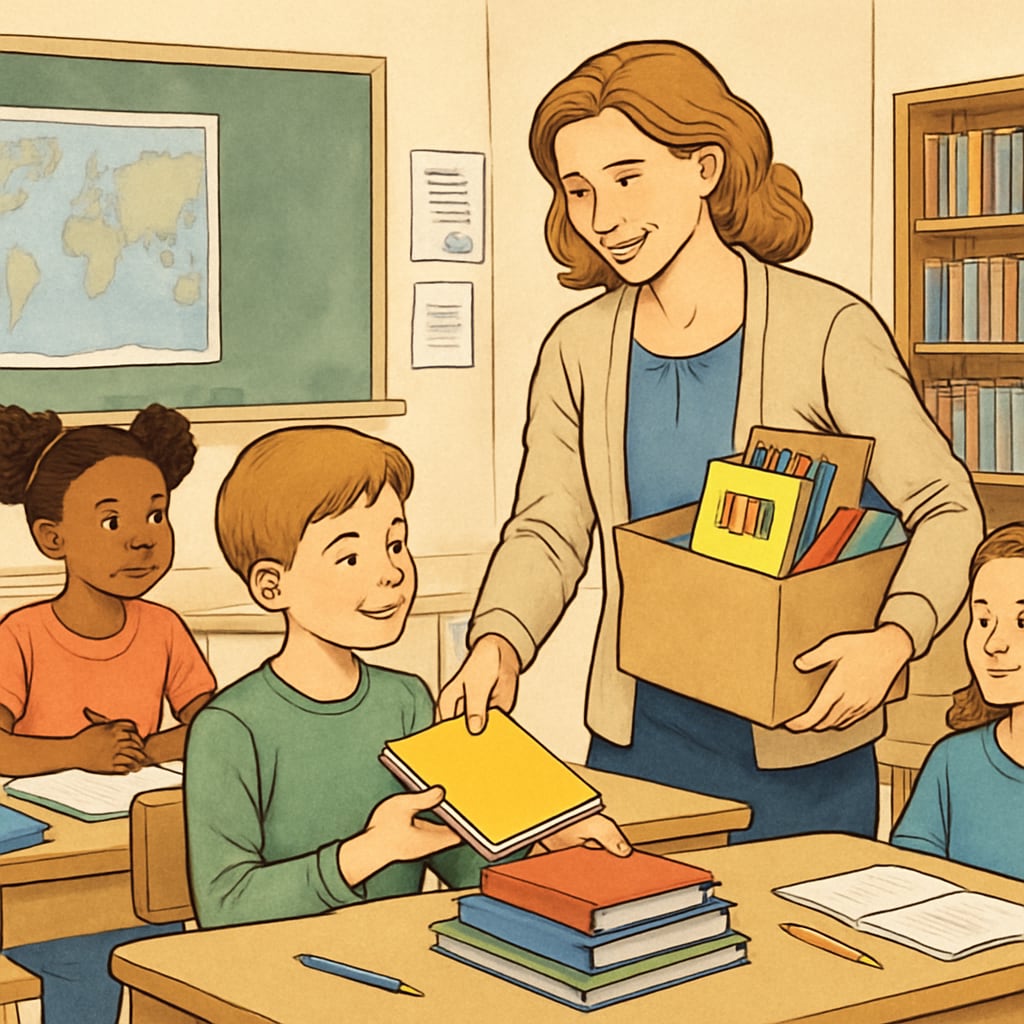 A teacher handing out supplies, symbolizing classroom donations and teacher support.