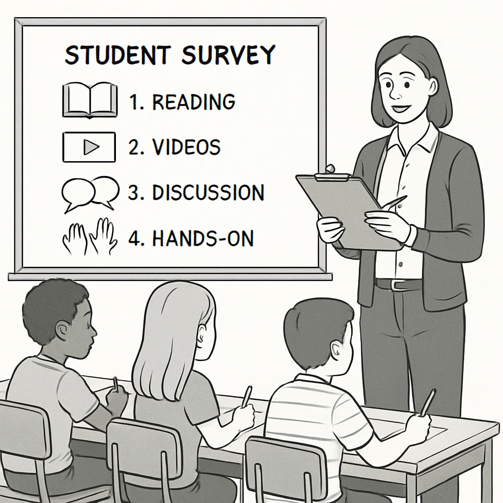Educator conducting survey on learning methods in K12 education.