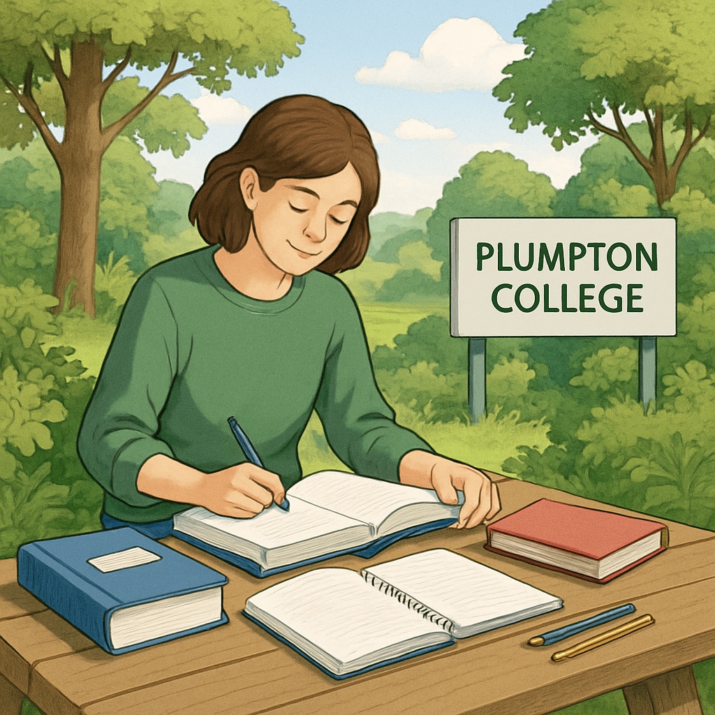 A student studying outdoors at Plumpton College with textbooks and nature in the background.