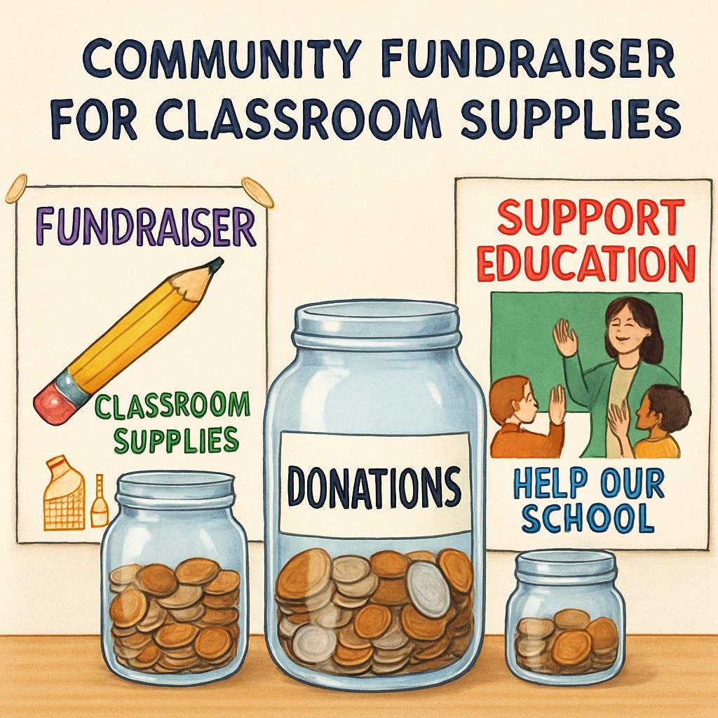 A community fundraiser showing donation jars for classroom resources.