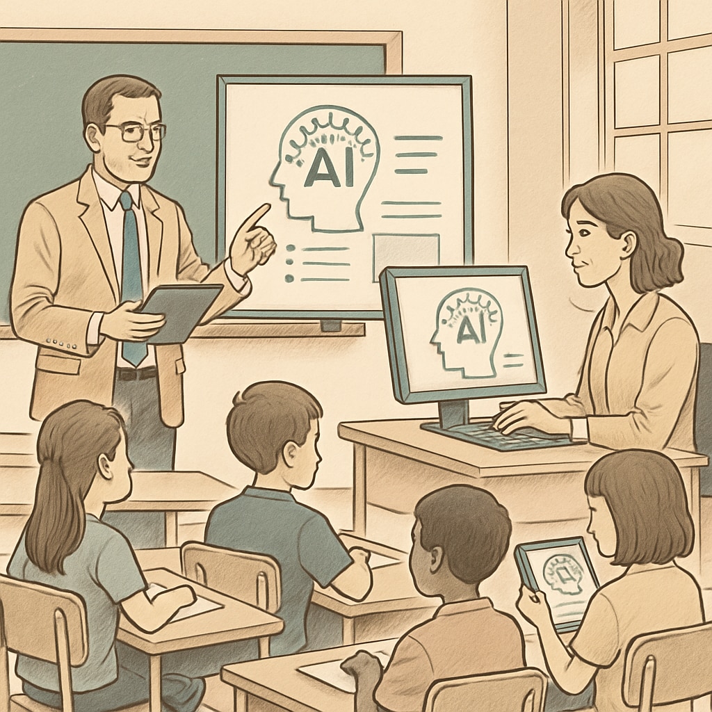 Teachers using AI tools in a classroom environment to enhance learning.