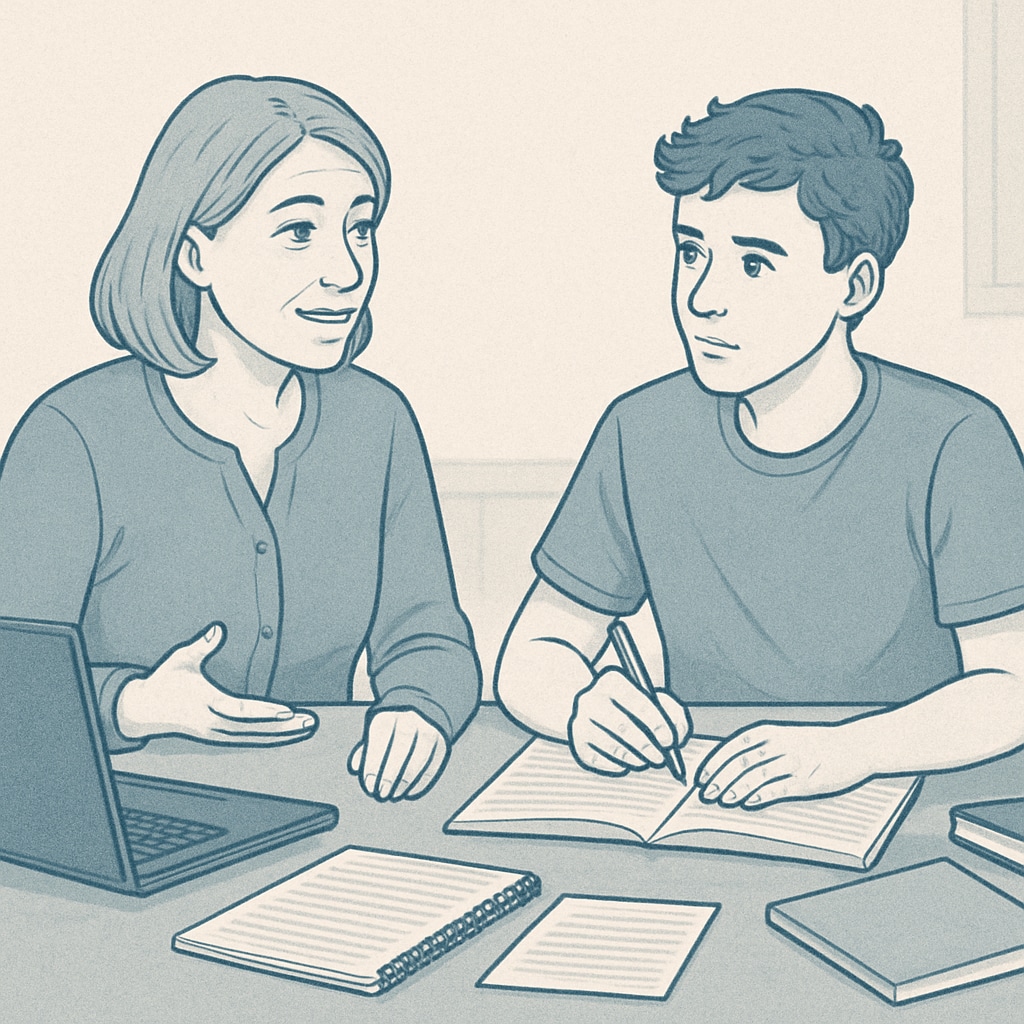 A parent and teenager planning a study schedule for Plumpton College and GCSE exams.