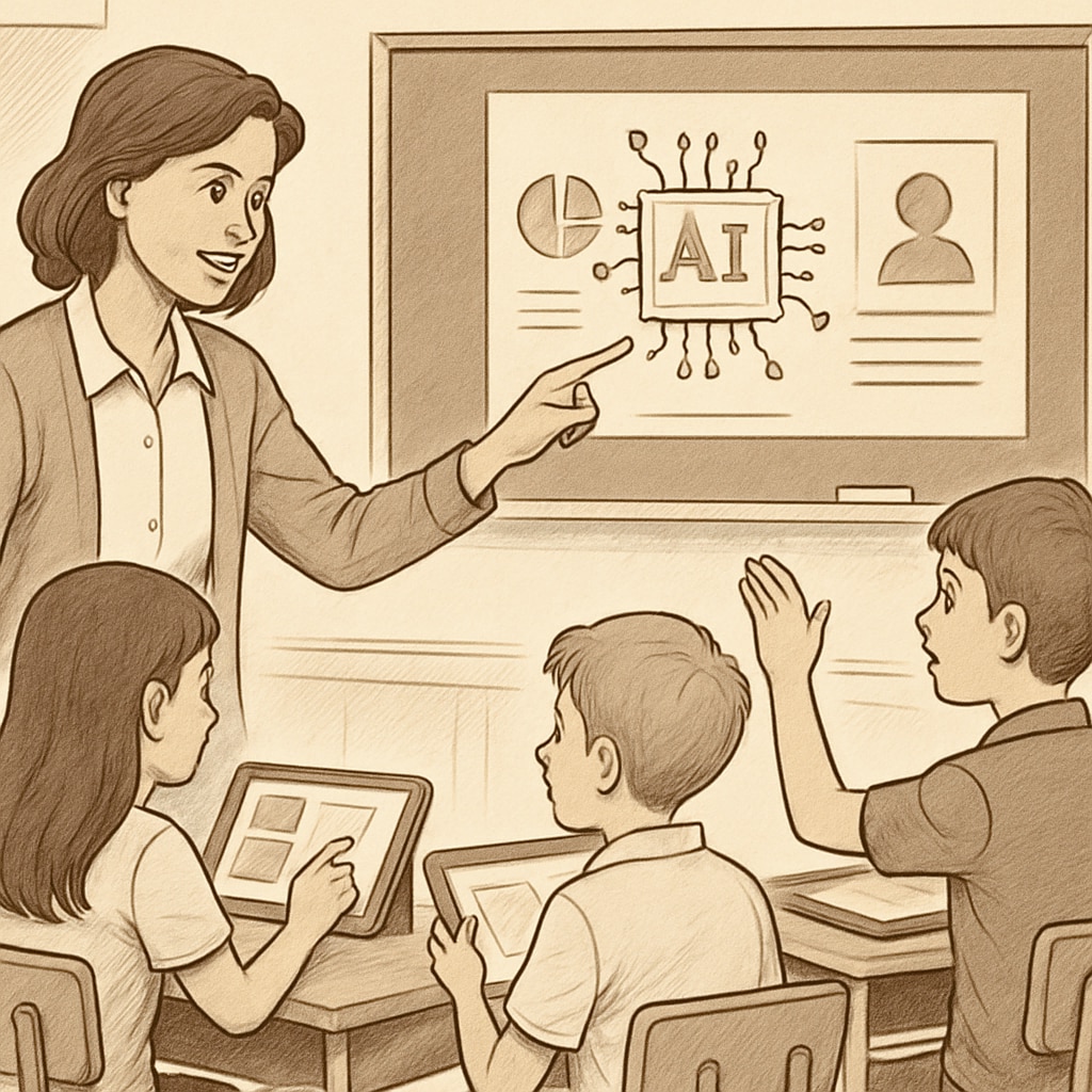 Educator helping students navigate an AI-powered learning platform.