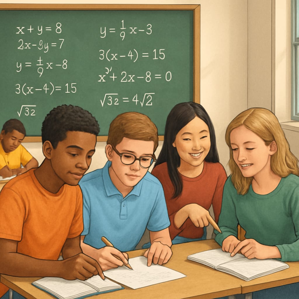 High school students collaborating in a math classroom to solve problems together.