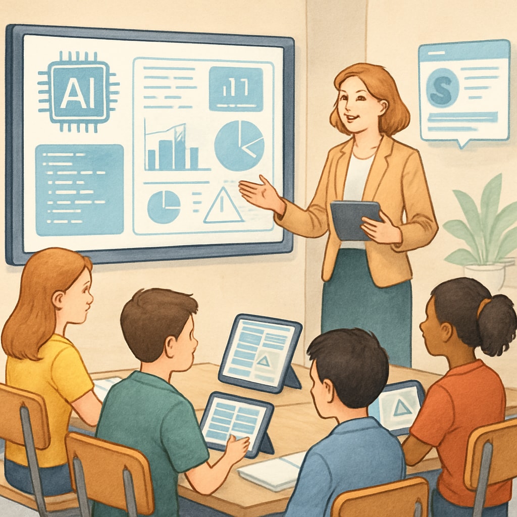 An AI-powered classroom with a teacher guiding students using advanced tools like Google Gemini. AI-powered classroom with teacher and Google Gemini tools.