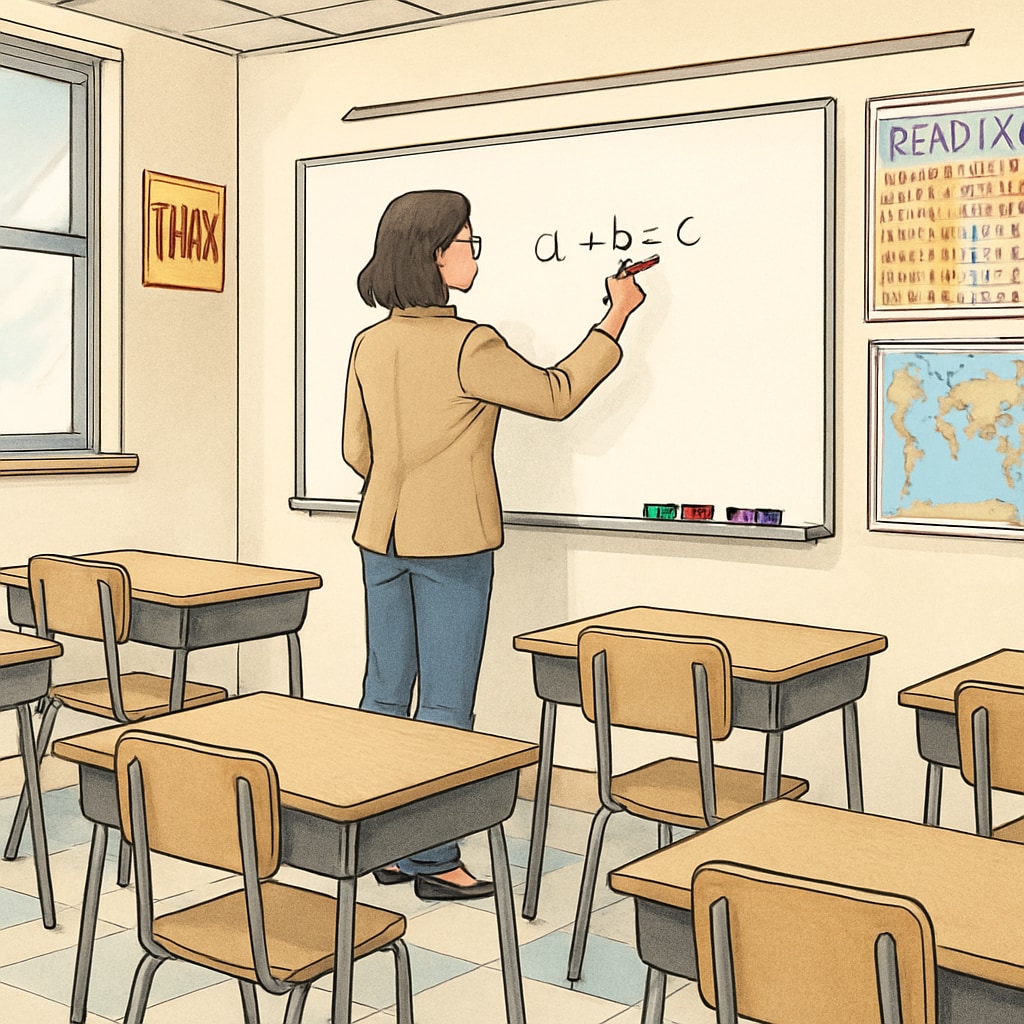 Teacher using donated whiteboard markers in a classroom.