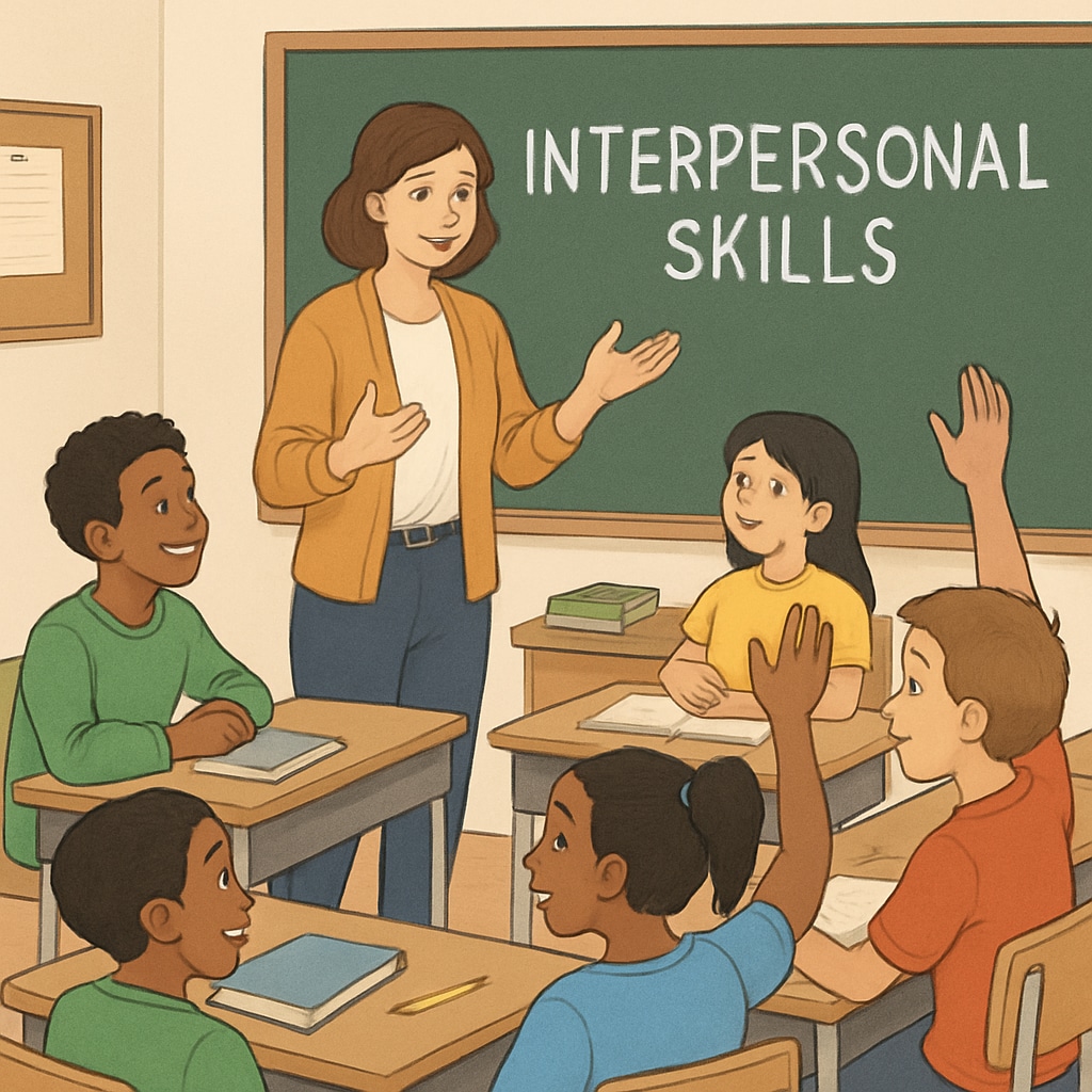 A teacher interacting with students in a classroom, emphasizing interpersonal skills that AI cannot replace. Teacher showing interpersonal skills in a classroom setting.