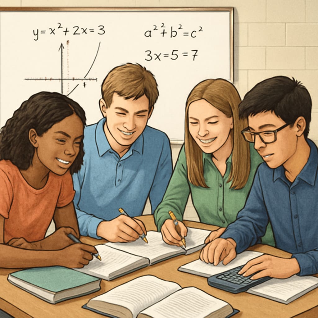 High school math students working in groups to solve equations, showcasing collaborative learning.