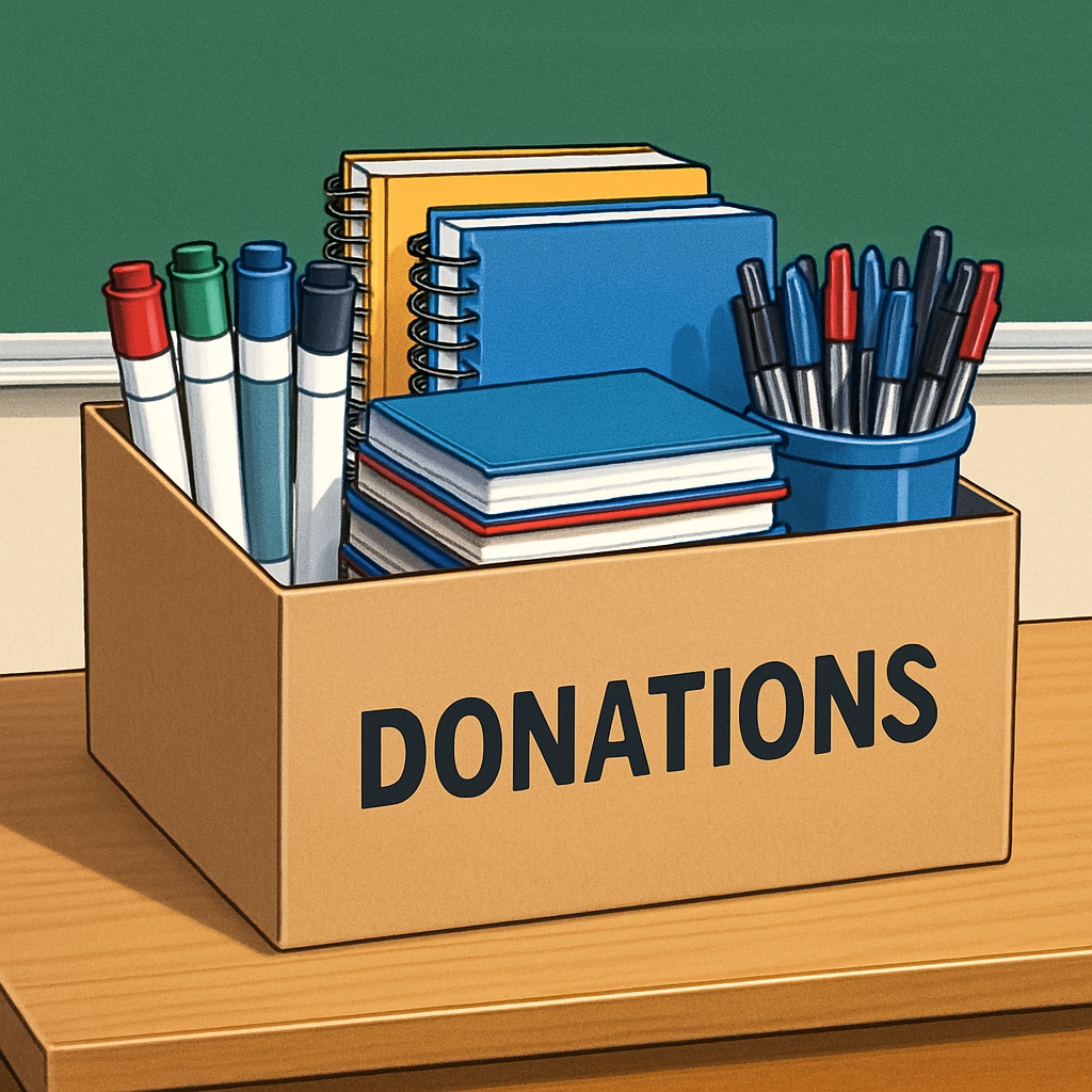 Donated school supplies including whiteboard markers, notebooks, and pens.
