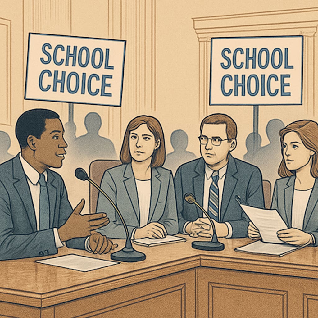 Legislative hearing focused on education reform, highlighting debates around school choice and privatization.