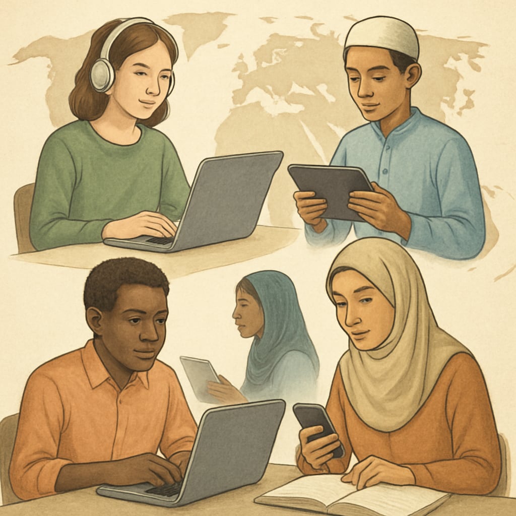 A diverse group of students engaging in online learning.