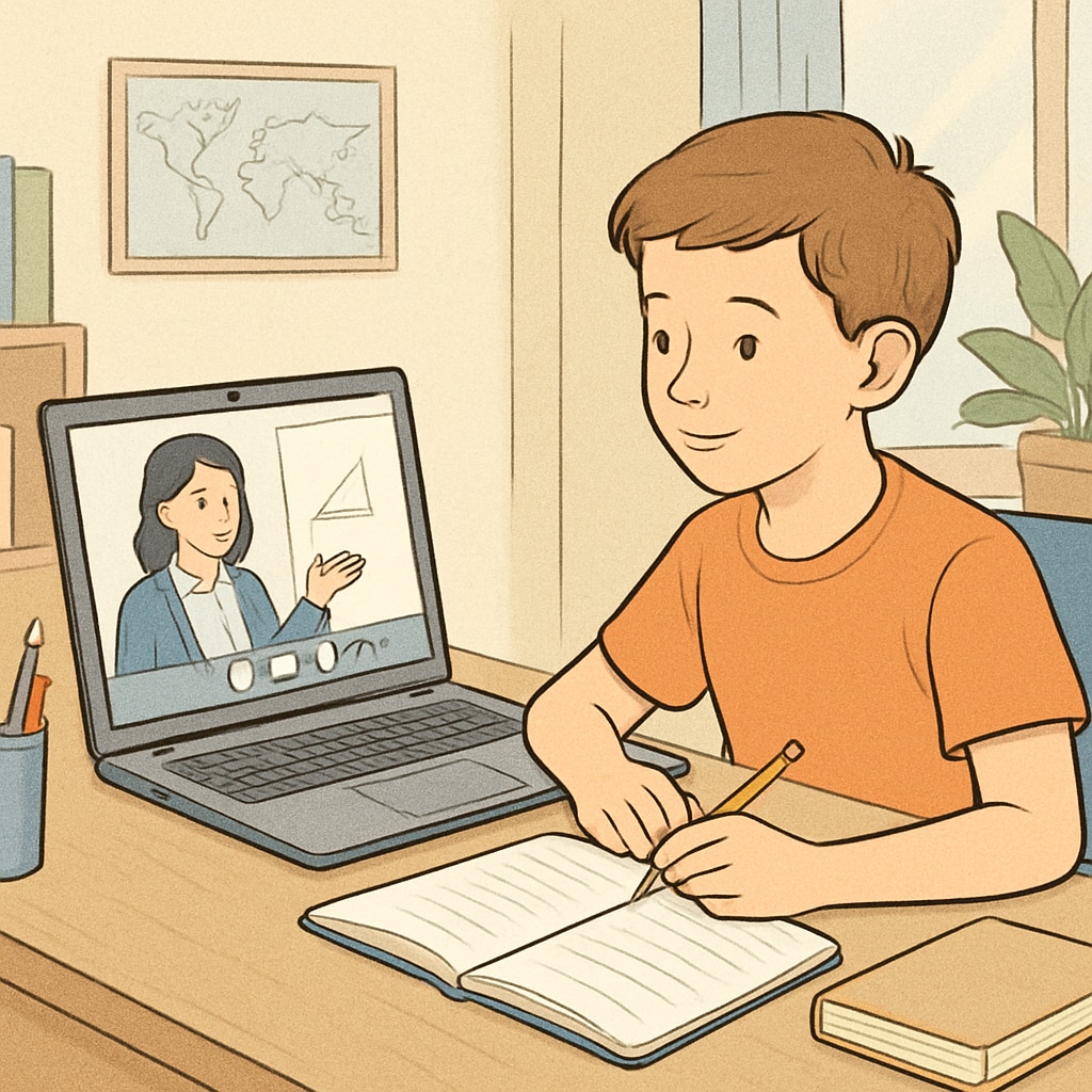 A child studying in an online public school environment at home.