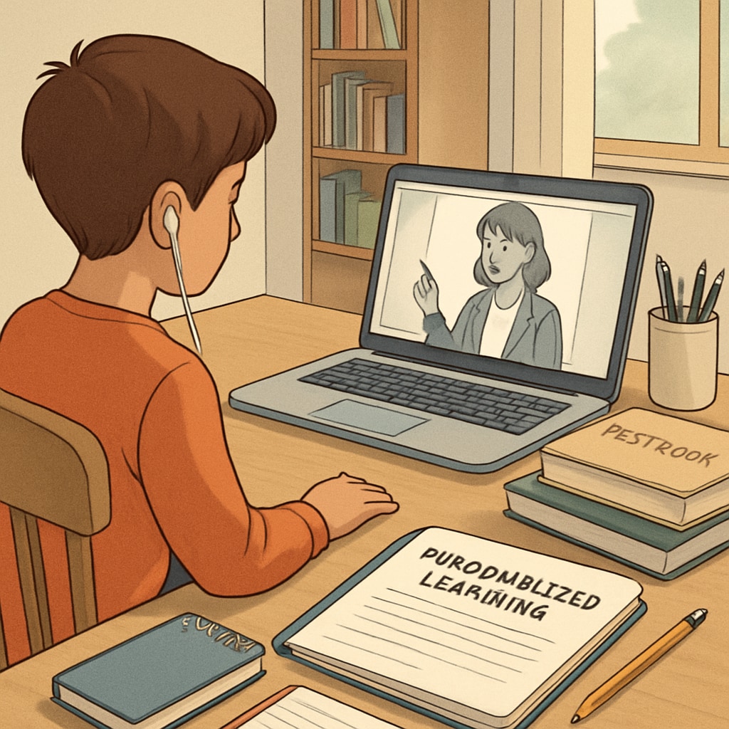 Public online school student learning at home with personalized tools.