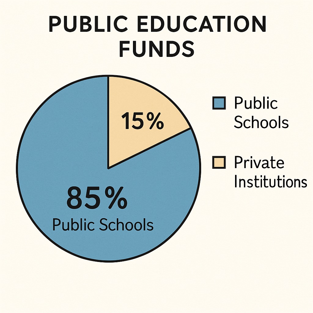 A pie chart showing the allocation of public education funds between public schools and private institutions. Graph displaying the division of education funds between public and private sectors.