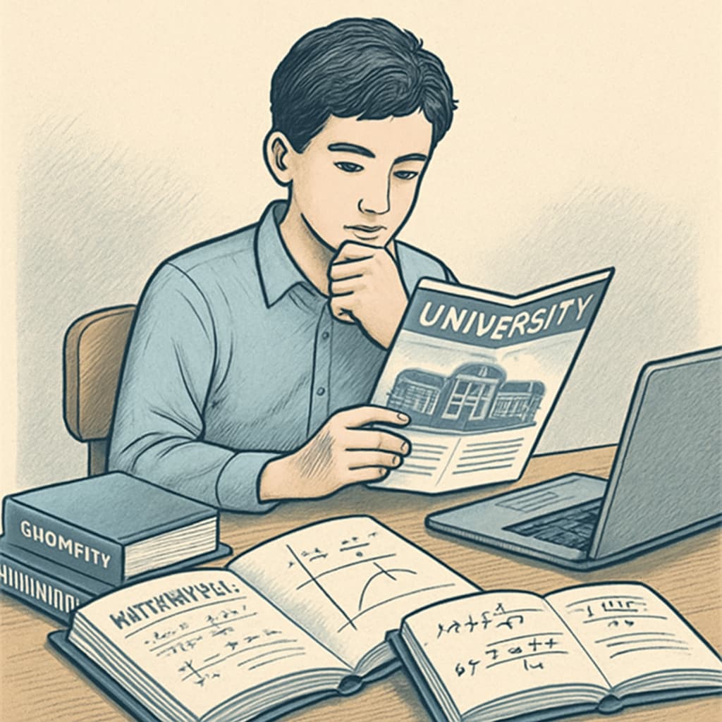 A high school student sitting at a desk with math textbooks and a laptop, looking thoughtfully at a university brochure. High school student thinking about university major choices with textbooks and brochures.
