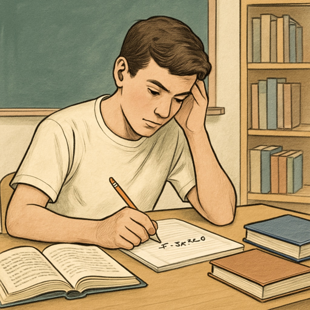 A high school student thoughtfully working on a math problem at a desk, symbolizing the process of self-discovery in major selection. High school student working on math problem, representing self-discovery in major selection.