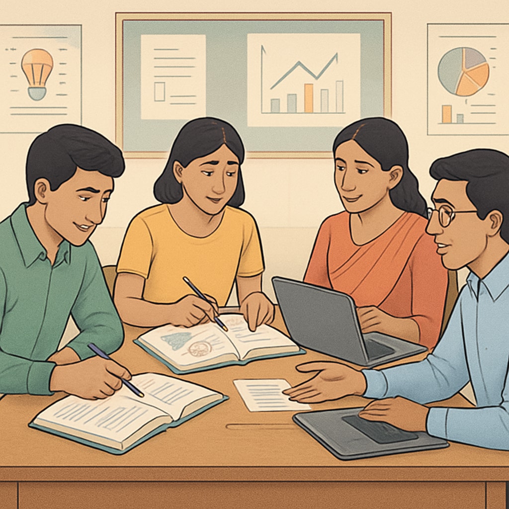A group of CMA USA learners in Kerala engaging in a study session or professional meetup. They are sharing notes and discussing challenging concepts. CMA USA learners in Kerala collaborating during a study session.