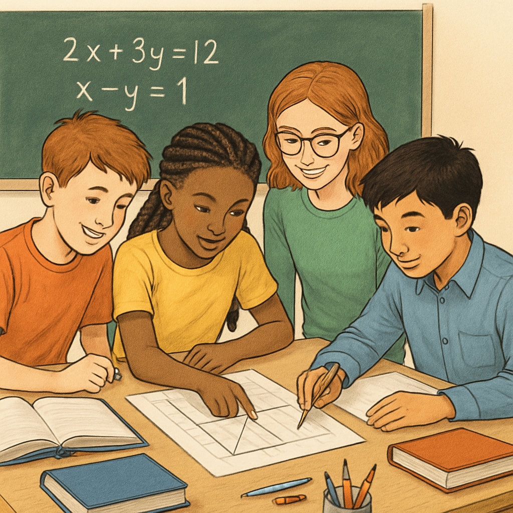 A classroom setting with students working on a collaborative math project, symbolizing teamwork and exploration. Students collaborating on a math project, representing exploration of math-related fields.