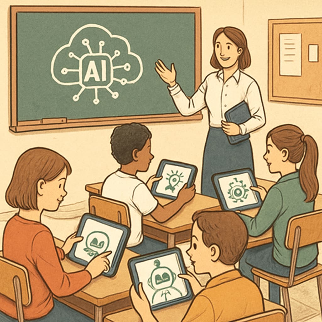 Students using AI tools for learning in a classroom, showcasing technology in education.