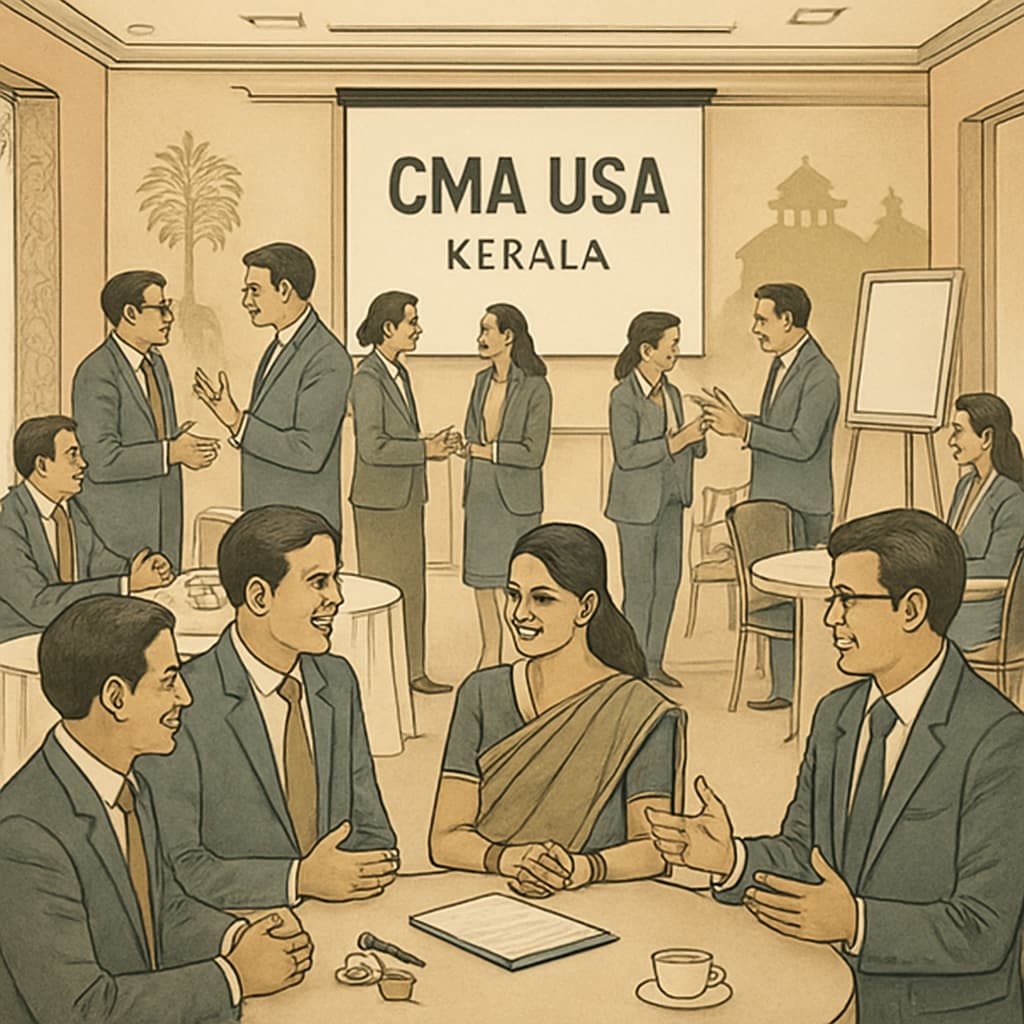 CMA USA learners attending a networking event or professional seminar in Kerala. The image shows participants exchanging ideas and building professional connections. CMA USA learners networking at a seminar in Kerala.