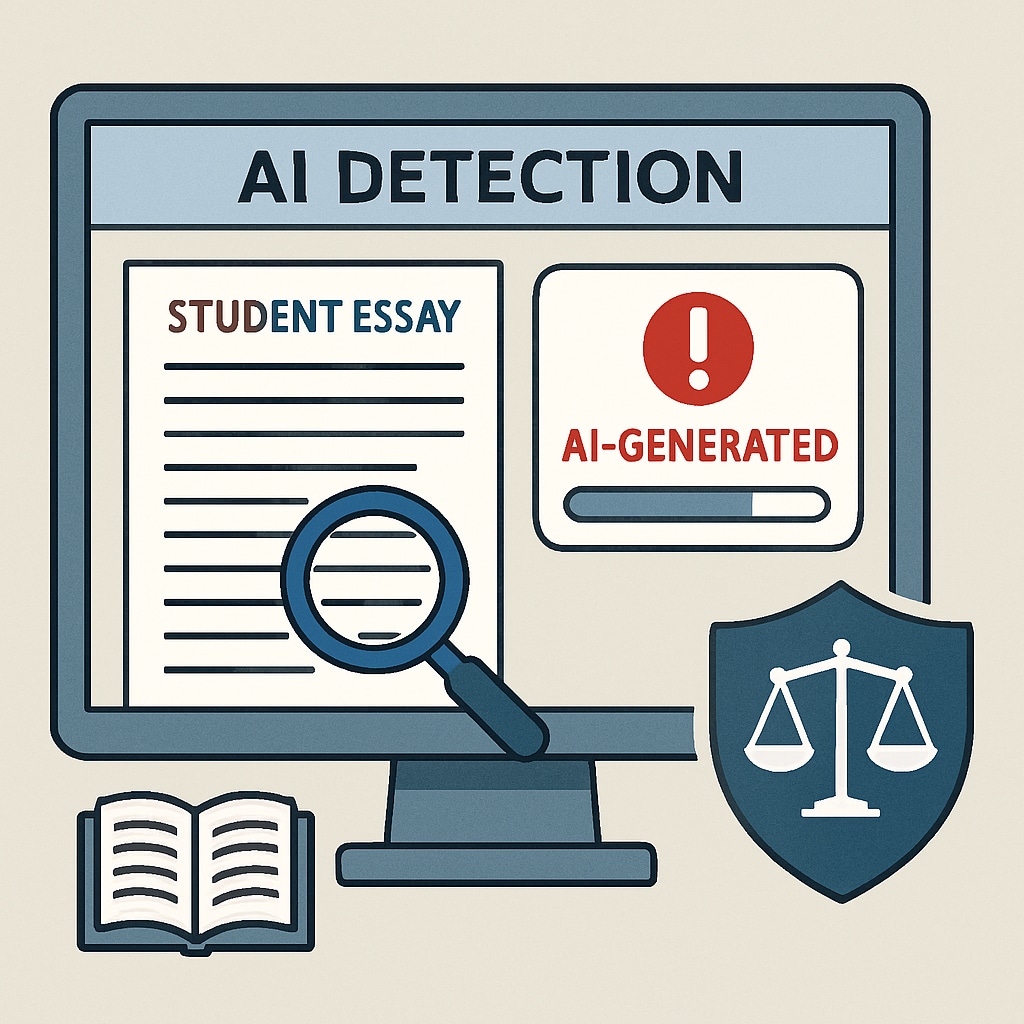 AI detection software examining a student's essay for academic integrity checks.