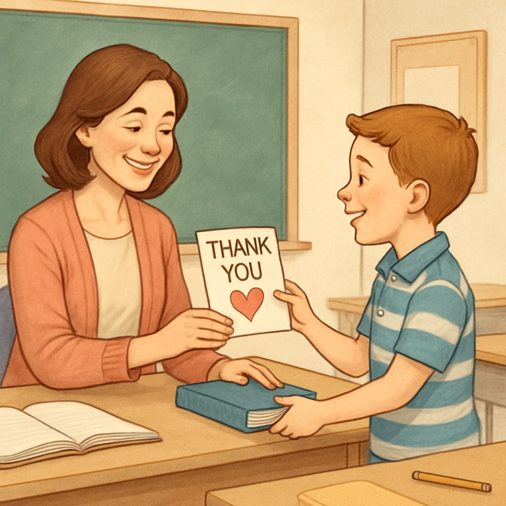 A teacher receiving a thank-you card from a smiling student in a classroom setting, symbolizing gratitude and appreciation in education.
