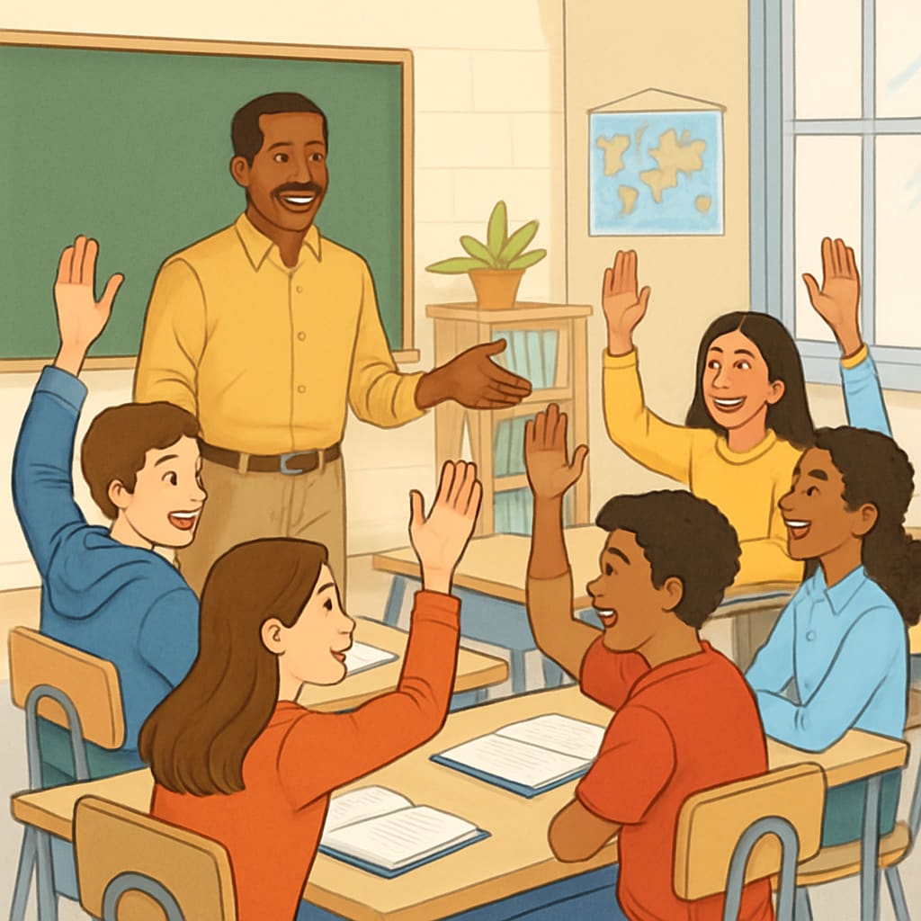A diverse group of students actively engaging in a classroom discussion led by a teacher, showcasing positive teacher-student interaction.