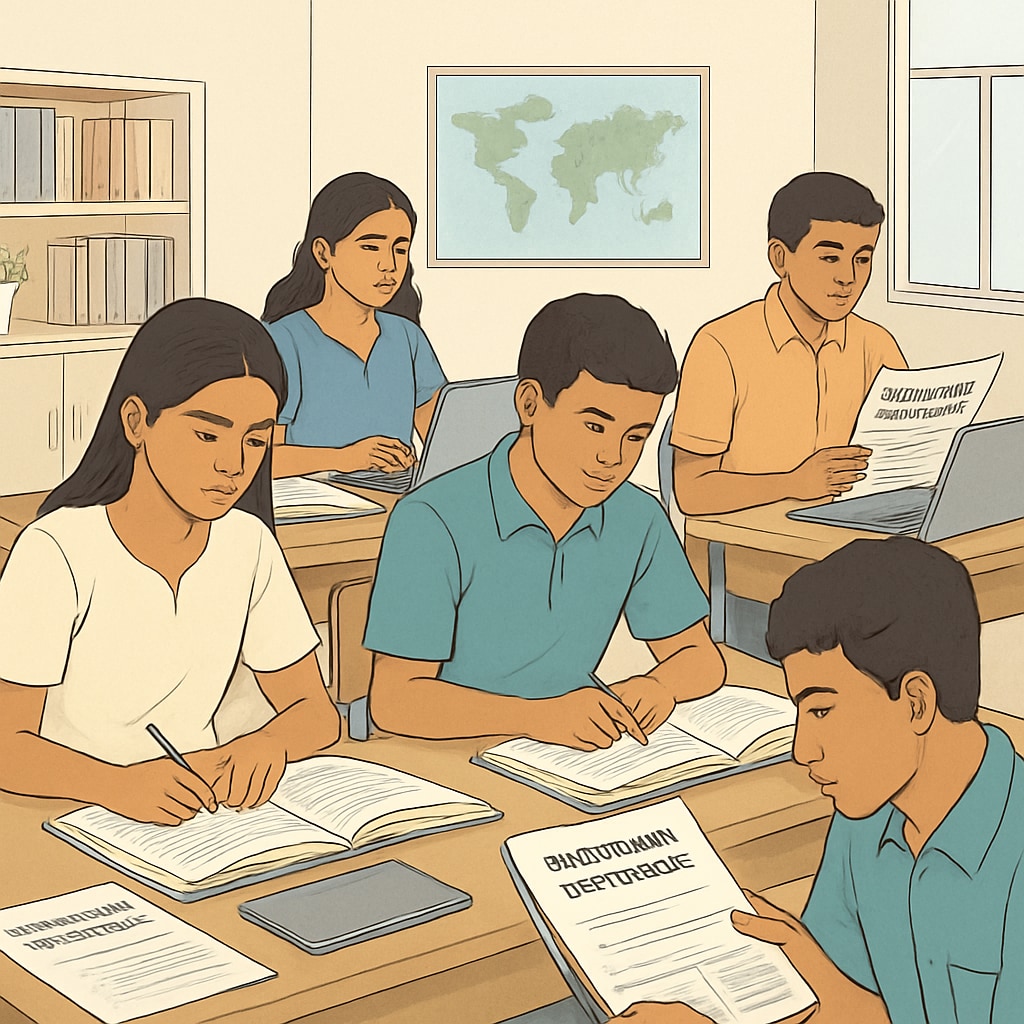 A classroom of Kerala students preparing for international certifications with study materials and laptops. Kerala students preparing for CMA USA certification with study materials.