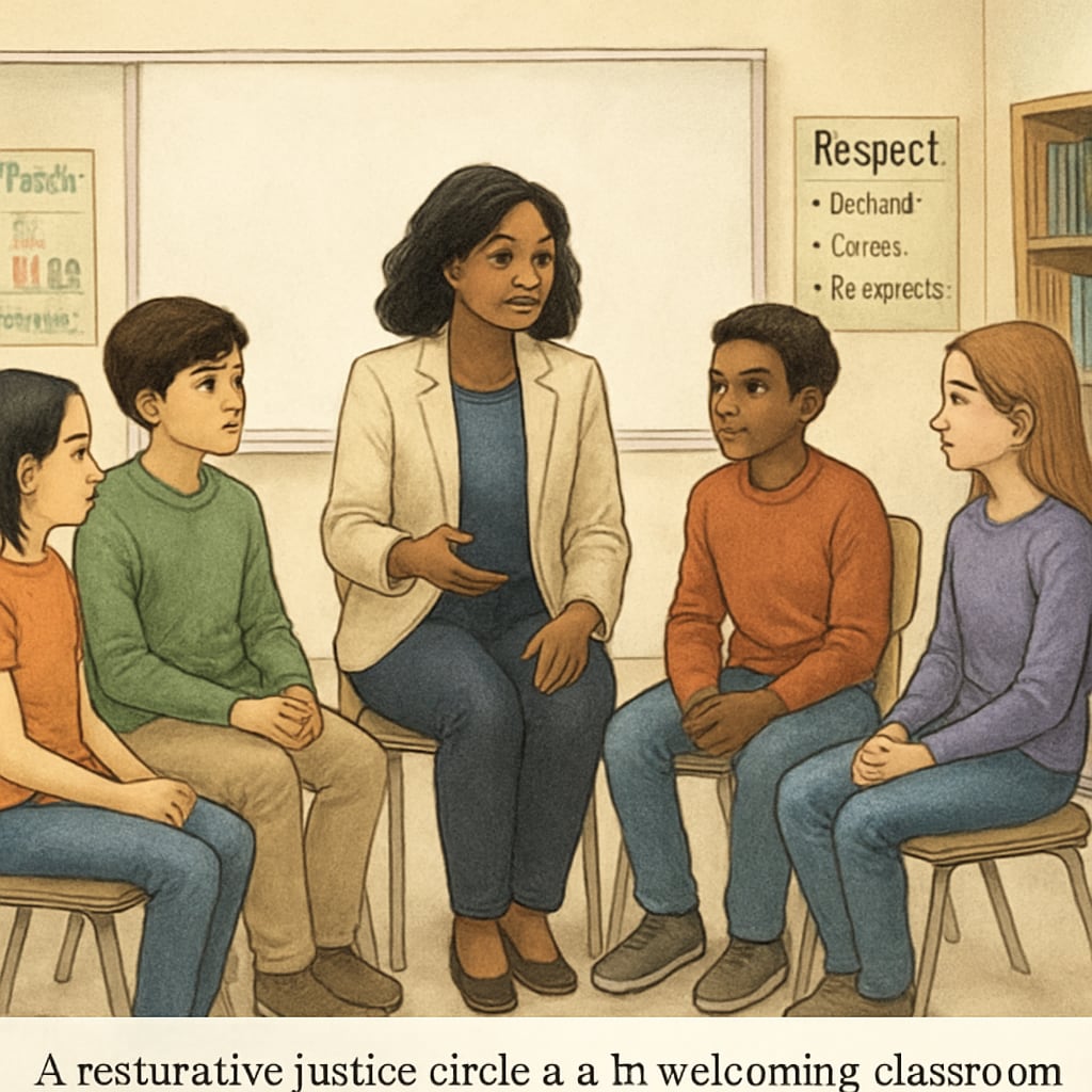 Restorative justice session with students and a teacher addressing bullying.
