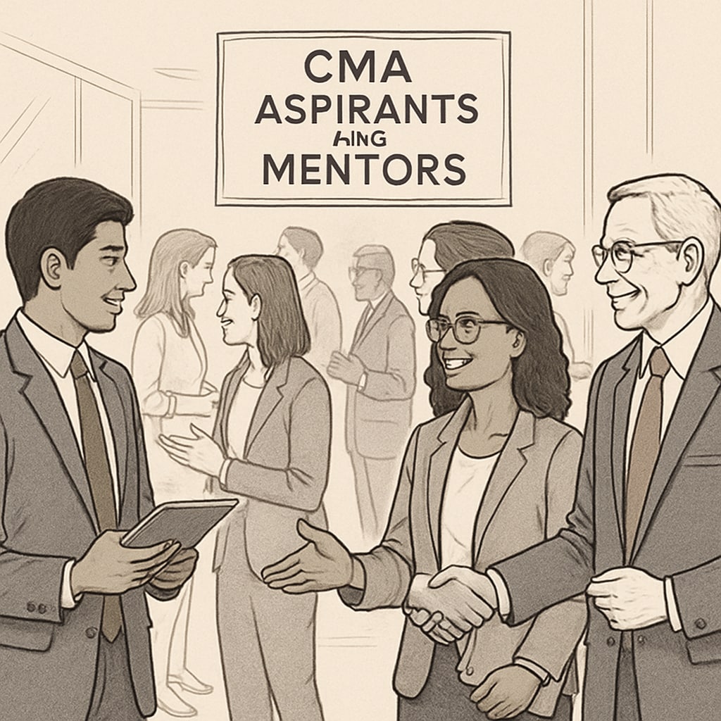 A professional networking event with CMA aspirants and mentors engaging in discussions. CMA aspirants networking with mentors at a professional event.