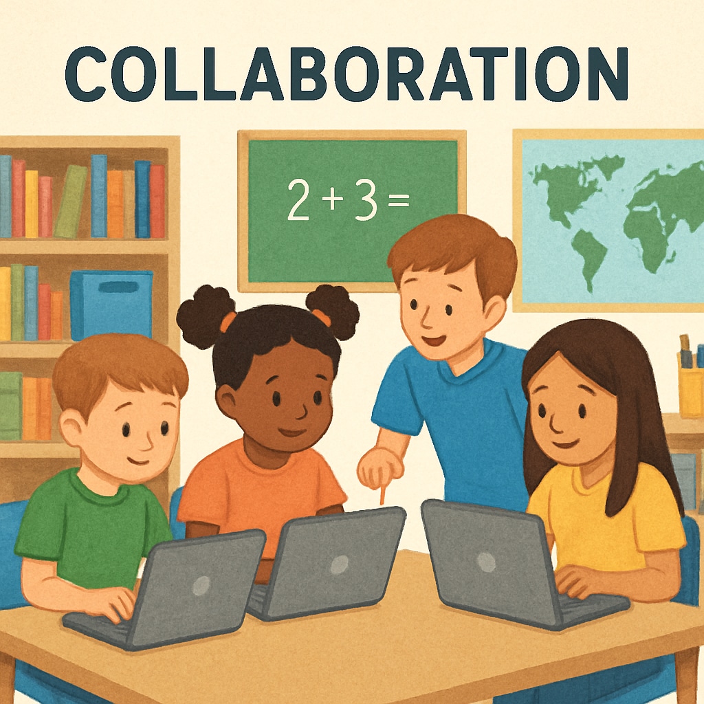 A group of kindergarten and fourth-grade students working together on computers, demonstrating collaboration and teamwork. Kindergarten and fourth-grade students collaborating on computer-based activities.