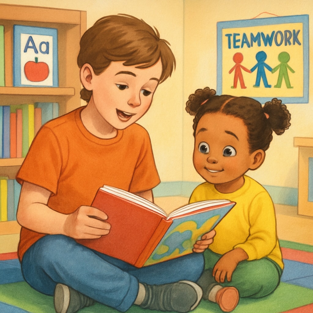 An older child reading a picture book aloud to a younger child in a classroom setting, symbolizing teamwork and literacy development. Older child teaching literacy skills to a younger child as part of an interactive partner program.