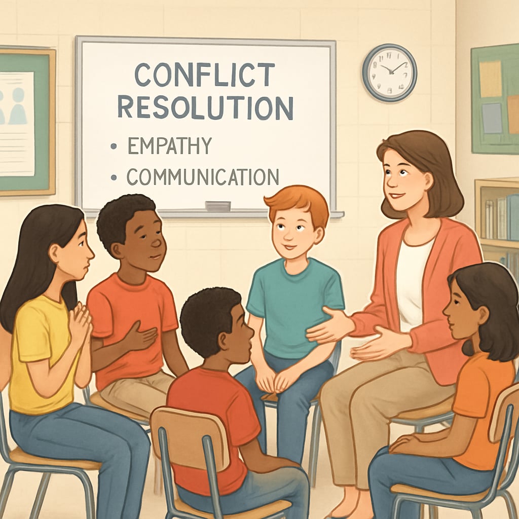 A classroom setting where students are engaged in conflict resolution training, learning empathy and communication strategies. Students in a classroom learning conflict resolution as part of anti-bullying education.