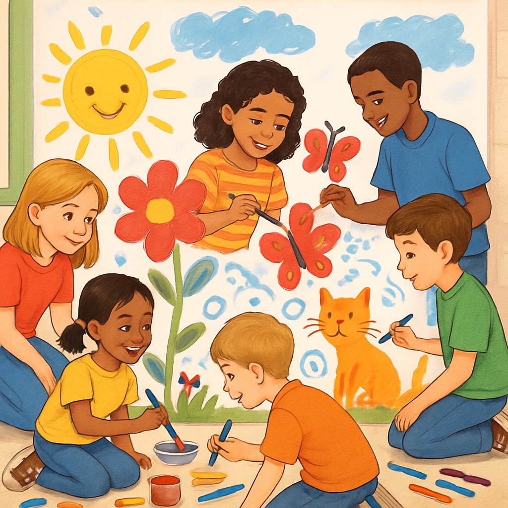 A group of kindergarten and fourth-grade students working together on a colorful mural, showcasing creativity and teamwork. Students collaborating on an art project that fosters creativity and teamwork.