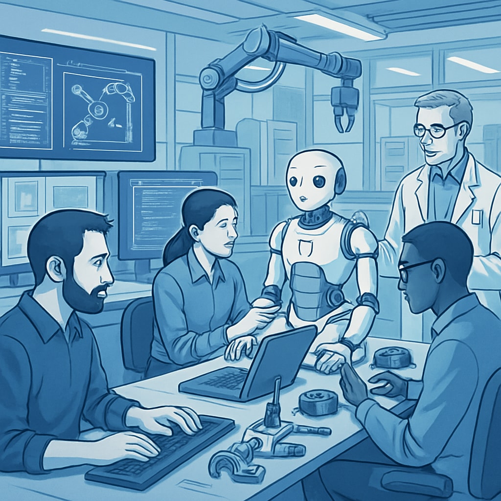 Collaboration between programmers and engineers in an AI-driven robotics lab.