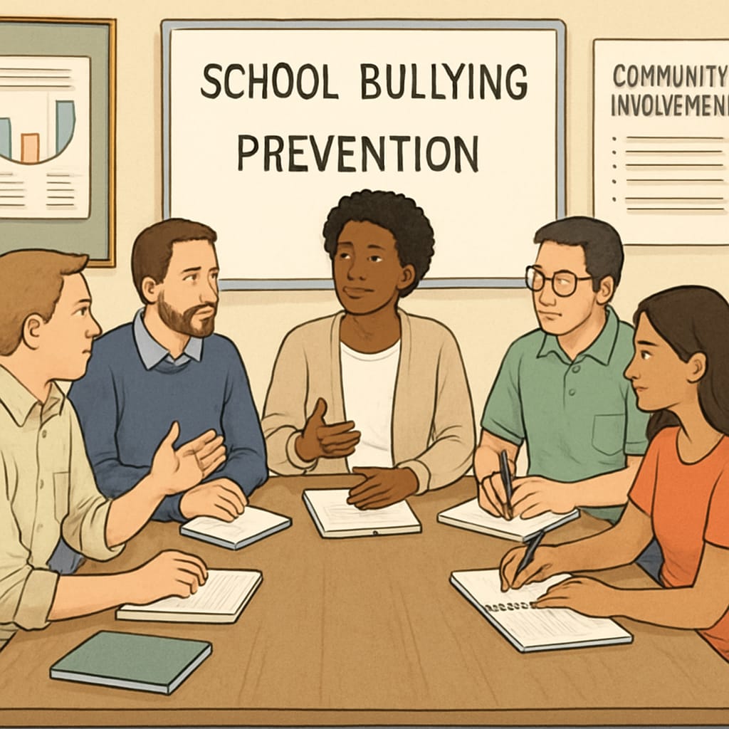 Parents and teachers collaborating in a workshop discussing school bullying prevention strategies and community involvement. Parents and teachers discussing anti-bullying approaches in a school environment.