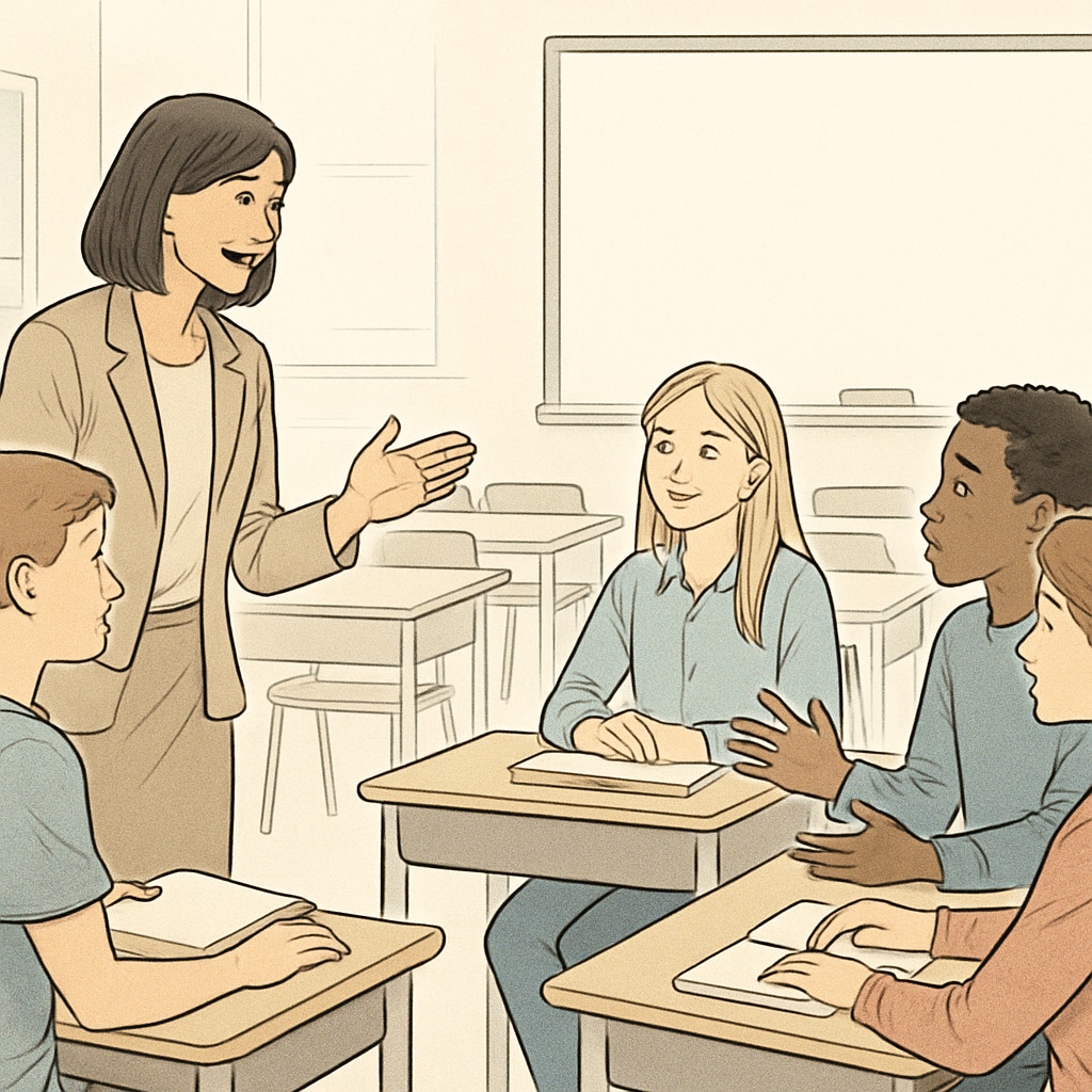Teacher guiding students in a classroom to illustrate collaborative learning.