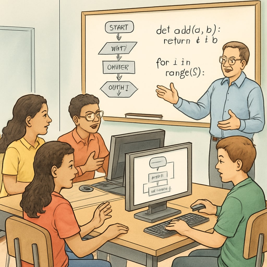 Students learning programming concepts, collaboration emphasized in a classroom.