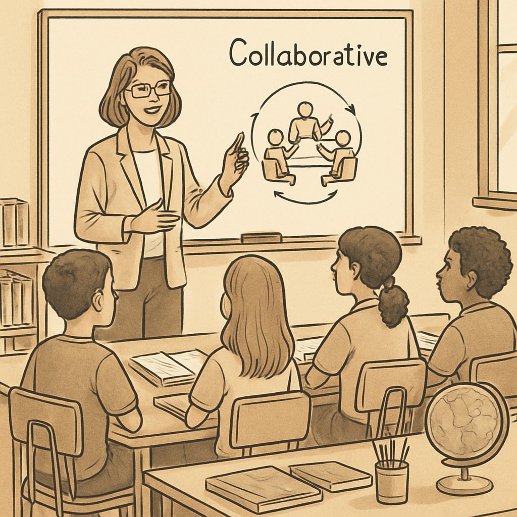 A teacher guiding students in collaborative learning methods.
